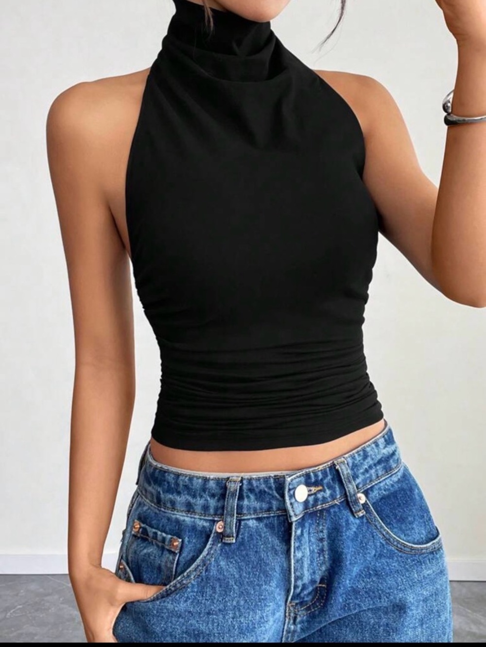 Black Halter Neck Stretch Tank Top